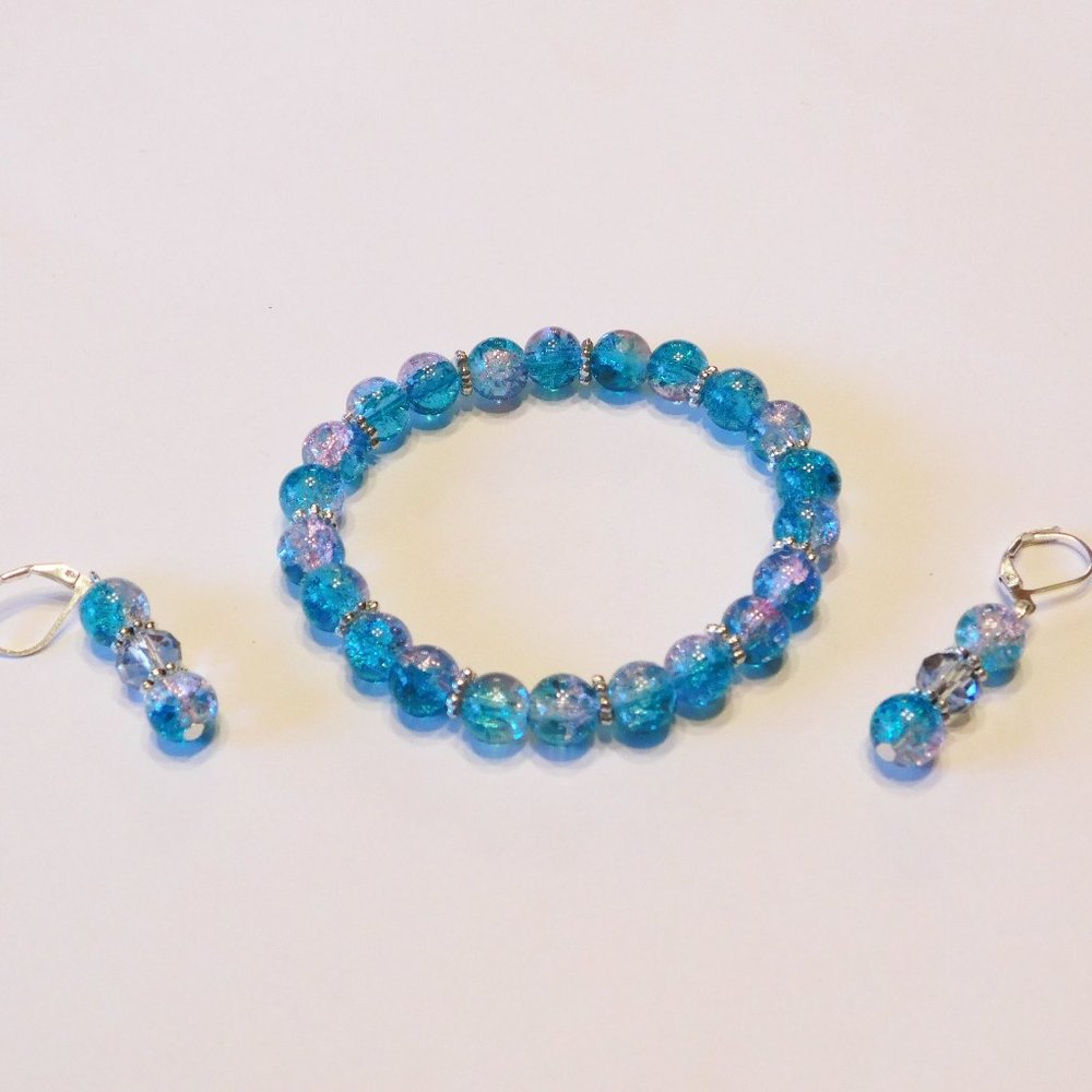 Handmade Aqua Glass Beaded Stretch Bracelet & Matching Earrings - 7"